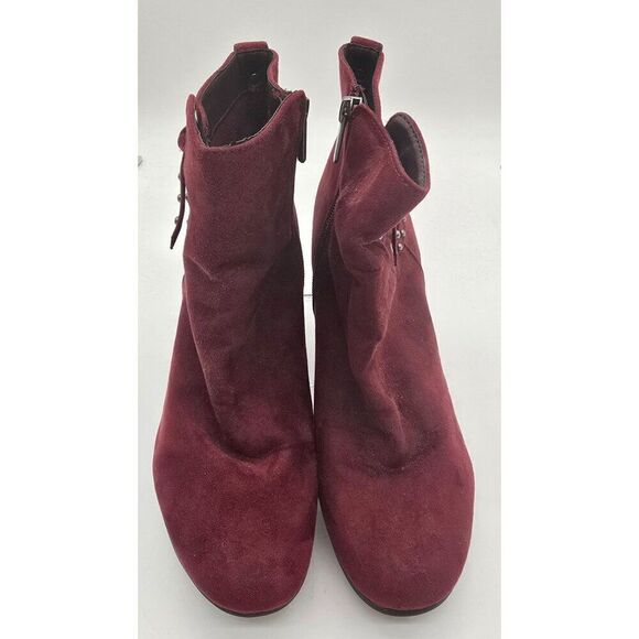 Wine Red Suede Ankle Boots With Chunky Heel & Side Zipper Sz 7.5 - Picture 2 of 7